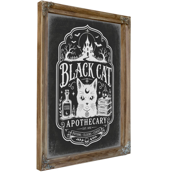 Black Cat Sign Halloween wall art, Verdigris frame