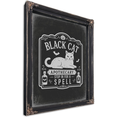 Lucky Black Cat Sign Halloween wall art, Ebony frame
