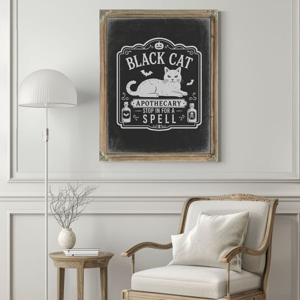 Lucky Black Cat Sign Halloween wall art in a styled room