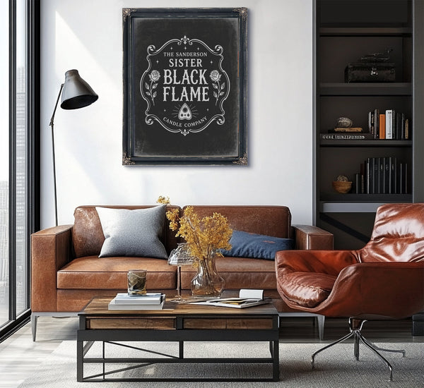 Black Flame Sign Halloween wall art in a styled room