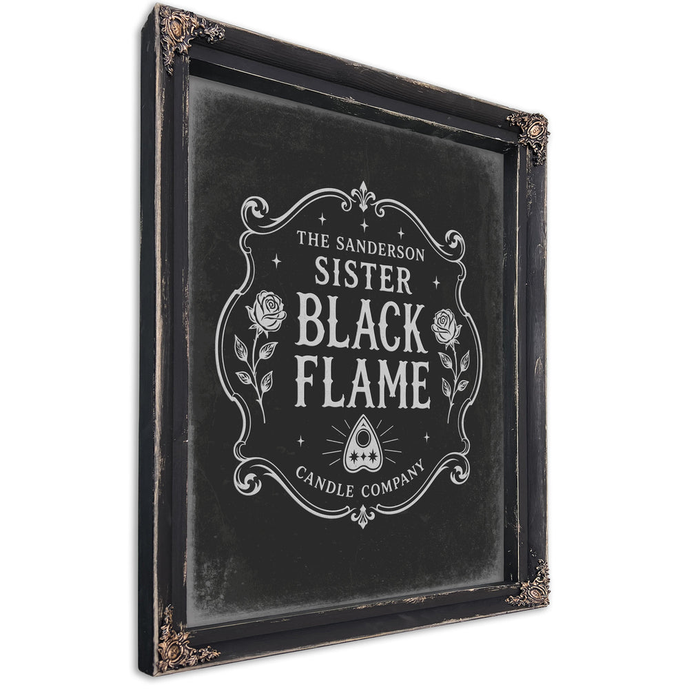 Black Flame Sign Halloween wall art, Ebony frame