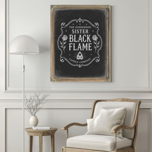Black Flame Sign Halloween wall art in a styled room