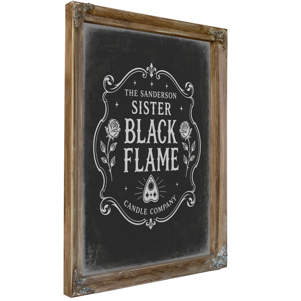 Black Flame Sign Halloween wall art, Verdigris frame