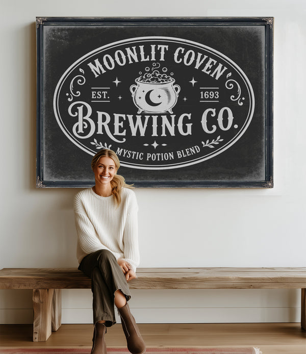 Witches Brewing Co Sign Halloween wall art in a styled room