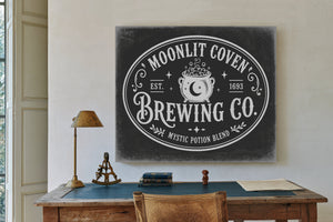 Witches Brewing Co Sign Halloween wall art in a styled room