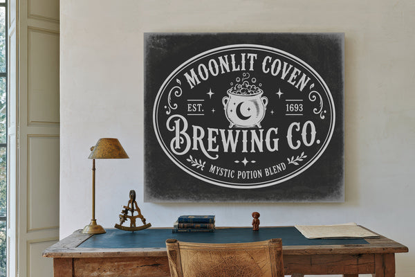 Witches Brewing Co Sign Halloween wall art in a styled room