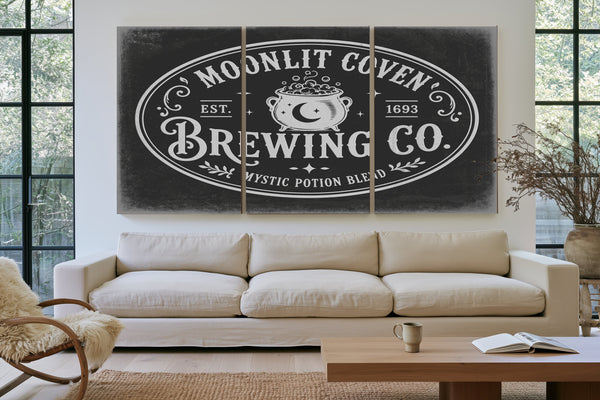 Witches Brewing Co Sign Halloween wall art in a styled room