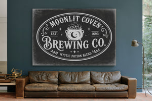 Witches Brewing Co Sign Halloween wall art in a styled room
