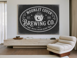 Witches Brewing Co Sign Halloween wall art in a styled room