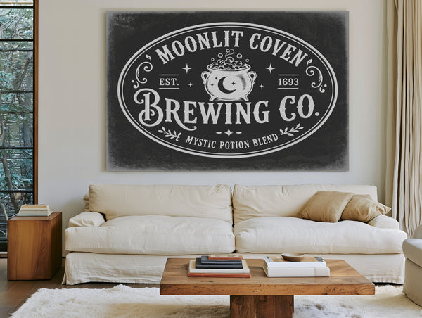 Witches Brewing Co Sign Halloween wall art in a styled room