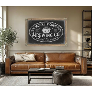 Witches Brewing Co Sign Halloween wall art in a styled room