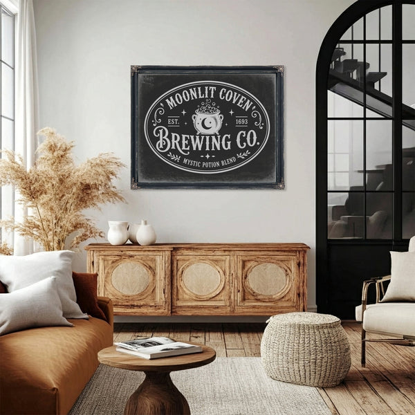 Witches Brewing Co Sign Halloween wall art in a styled room