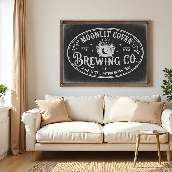 Witches Brewing Co Sign Halloween wall art in a styled room