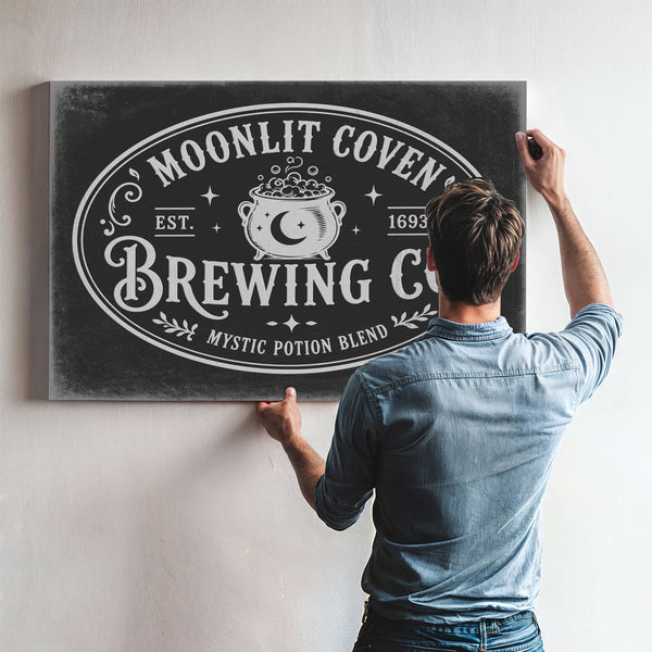 Witches Brewing Co Sign Halloween wall art in a styled room
