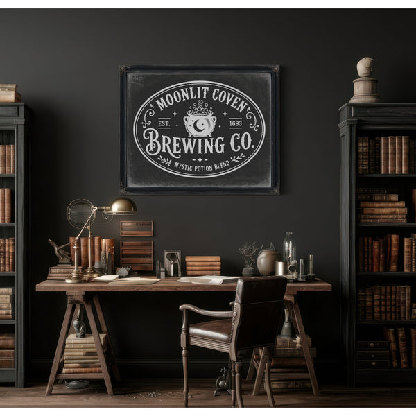 Witches Brewing Co Sign Halloween wall art in a styled room