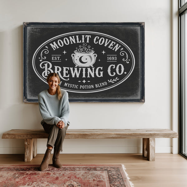 Witches Brewing Co Sign Halloween wall art in a styled room