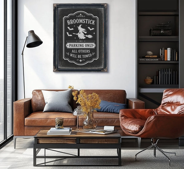 Broomstick Parking Sign Halloween wall art in a styled room