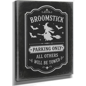 Broomstick Parking Sign Halloween wall art, stretched canvas