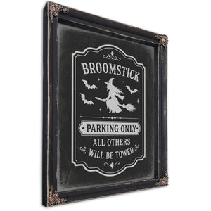 Broomstick Parking Sign Halloween wall art, Ebony frame