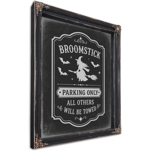 Broomstick Parking Sign Halloween wall art, Ebony frame