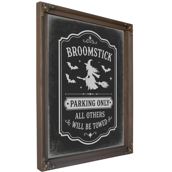 Broomstick Parking Sign Halloween wall art, Bourbon frame
