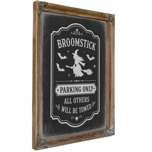 Broomstick Parking Sign Halloween wall art, Verdigris frame