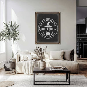 Haunted Coffee House Sign Halloween wall art in a styled room