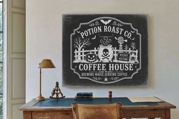 Haunted Coffee House Sign Halloween wall art in a styled room