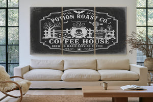 Haunted Coffee House Sign Halloween wall art in a styled room
