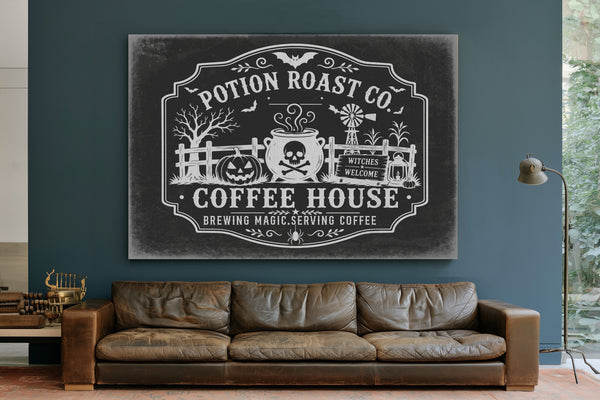 Haunted Coffee House Sign Halloween wall art in a styled room