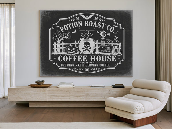 Haunted Coffee House Sign Halloween wall art in a styled room