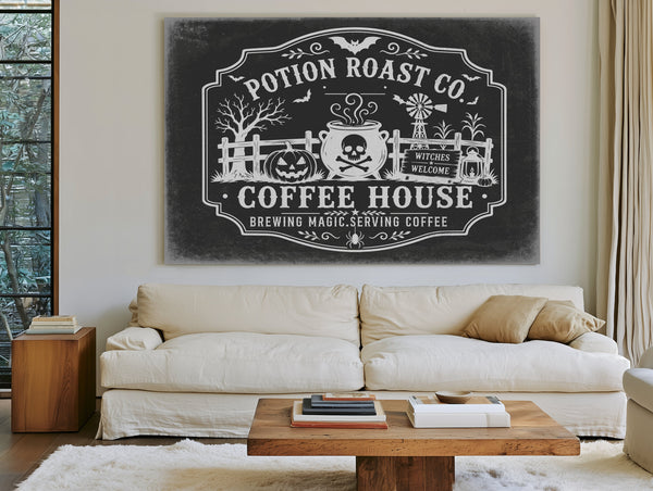Haunted Coffee House Sign Halloween wall art in a styled room