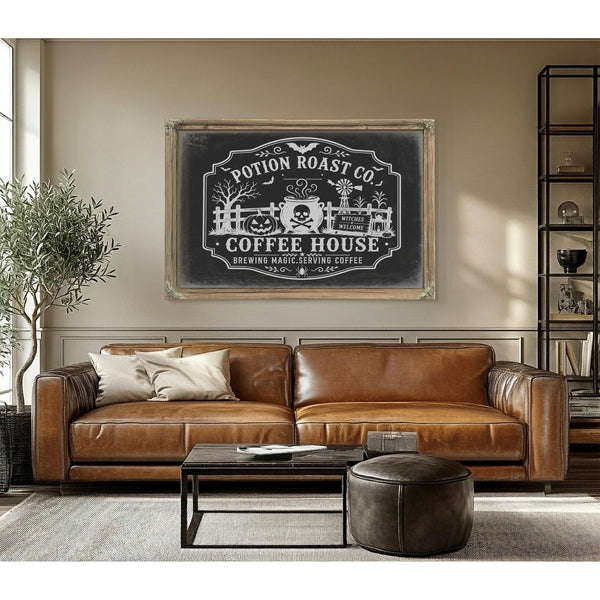 Haunted Coffee House Sign Halloween wall art in a styled room