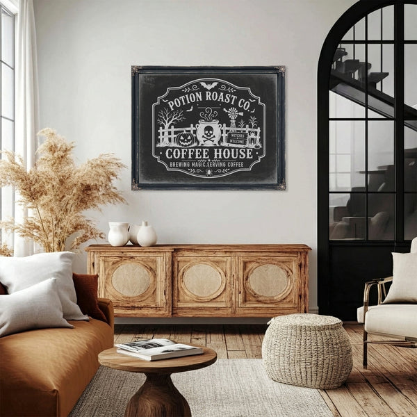 Haunted Coffee House Sign Halloween wall art in a styled room