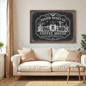 Haunted Coffee House Sign Halloween wall art in a styled room