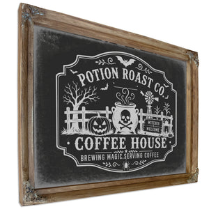 Haunted Coffee House Sign Halloween wall art, Verdigris frame