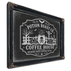 Haunted Coffee House Sign Halloween wall art, Ebony frame