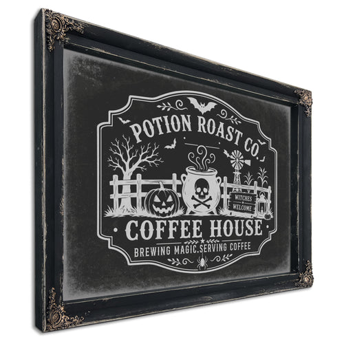 Haunted Coffee House Sign Halloween wall art, Ebony frame