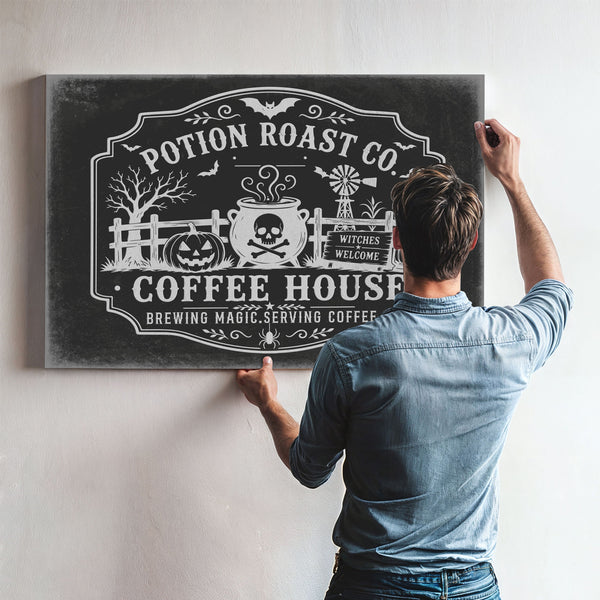 Haunted Coffee House Sign Halloween wall art in a styled room