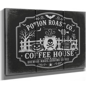 Haunted Coffee House Sign Halloween wall art in a styled room