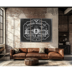 Haunted Coffee House Sign Halloween wall art in a styled room