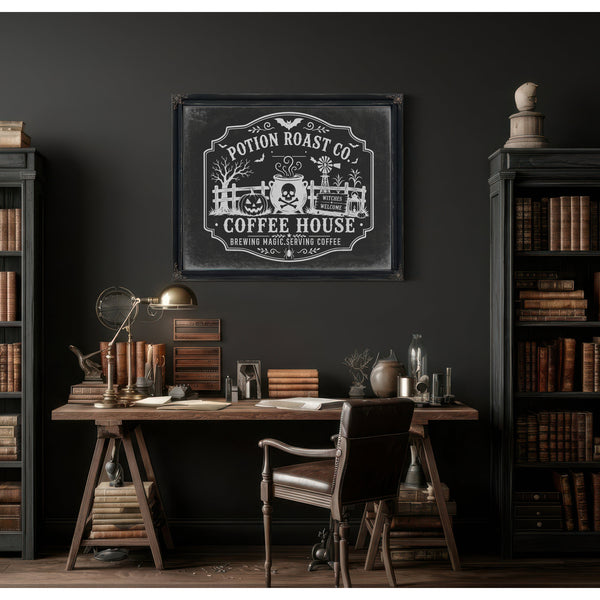 Haunted Coffee House Sign Halloween wall art in a styled room