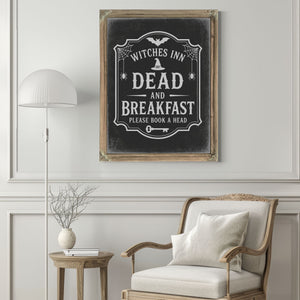 Dead and Breakfast Sign Halloween wall art in a styled room