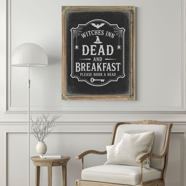 Dead and Breakfast Sign Halloween wall art in a styled room