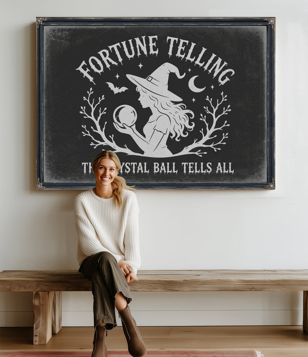 Fortune Telling Sign Halloween wall art in a styled room
