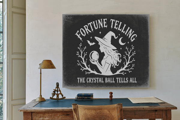 Fortune Telling Sign Halloween wall art in a styled room