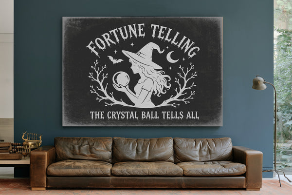 Fortune Telling Sign Halloween wall art in a styled room
