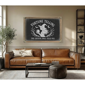 Fortune Telling Sign Halloween wall art in a styled room