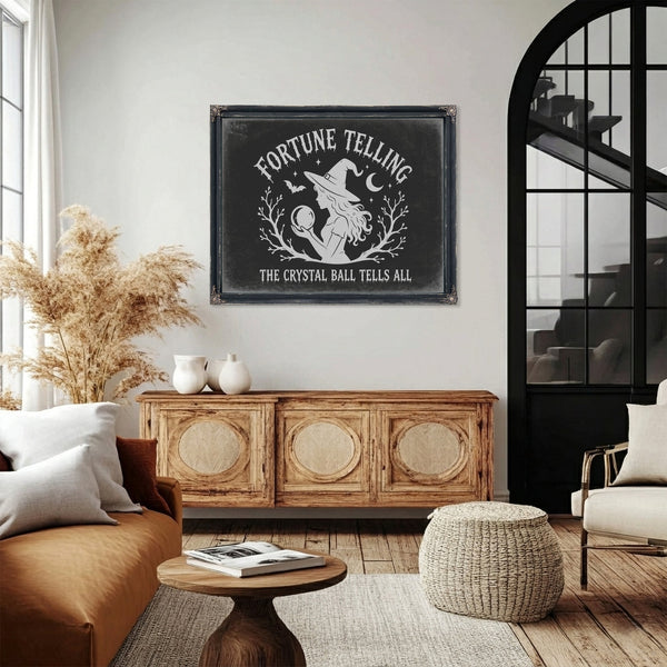 Fortune Telling Sign Halloween wall art in a styled room