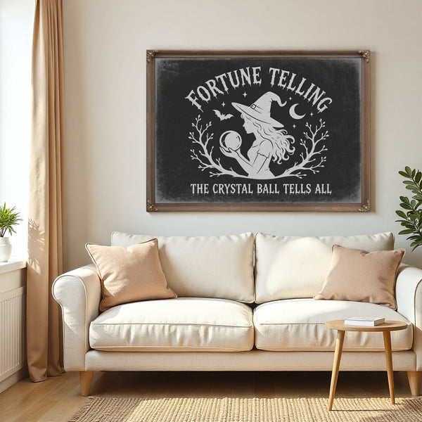 Fortune Telling Sign Halloween wall art in a styled room
